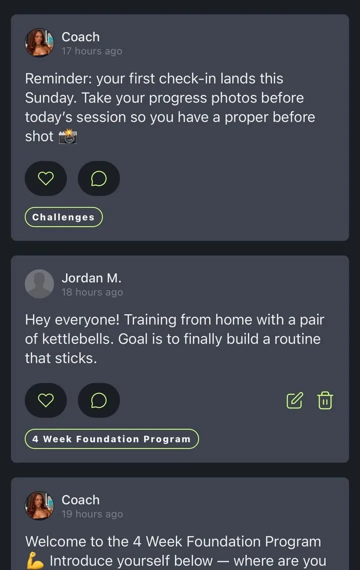 The community feed in the Avida app, with posts from the coach and members