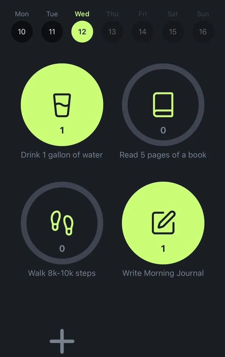 The habit tracker in the Avida app, with the day's habits to tick off